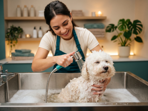 Pet enjoying bath and blow-dry service at Pet Spa Near Me Kingwood, TX