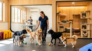Staff caring for a pet in a clean suite at Long Term Dog Boarding Kingwood, TX