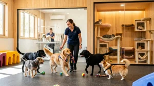 Dog Boarding School Atascocita, TX at Dog’s Day Inn Pet Resort training and play area with dogs socializing